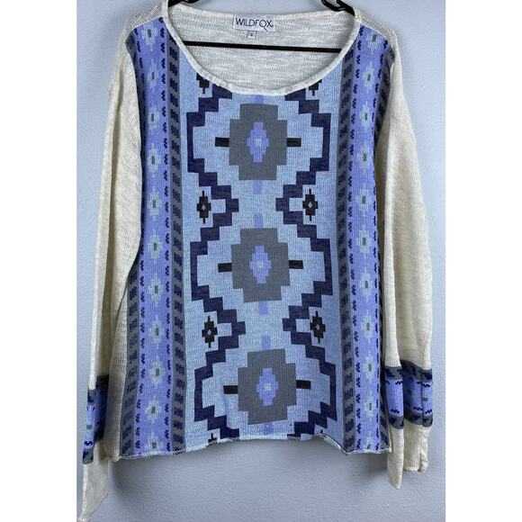 Wildfox Sz S Aztec Geometric Blue Coated Front LS Oversized Sweater USA - Picture 1 of 7